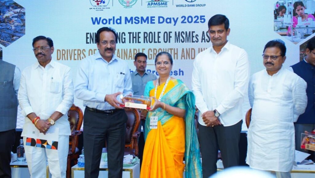Dr. V. Nagalakshmi, Managing Director of IMIS Ayurveda, receiving recognition for Excellence and Impact on World MSME Day 2025 at Tirupati