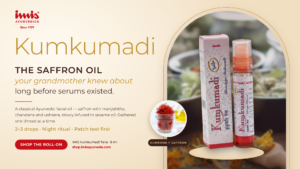 IMIS Kumkumadi Taila roll-on and box with saffron threads, an Ayurvedic saffron face oil