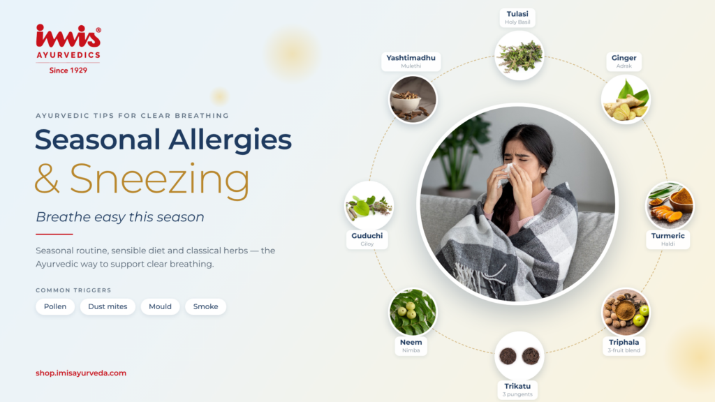 Illustration of a young woman sneezing into a tissue, surrounded by Ayurvedic herbs like tulsi, ginger, turmeric and neem